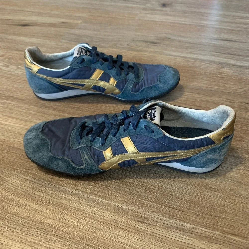 Onitsuka Tiger Serrano Navy Blue Gold Suede Sneakers D109L Mens 6.5 Womens 8